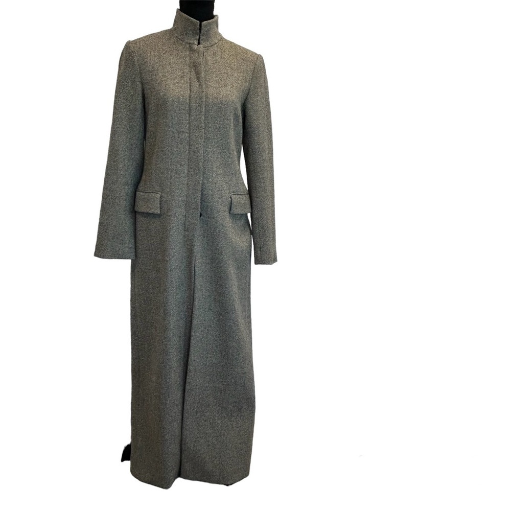 Theory wool high neck hidden button long maxi coat Front back slit Sz S